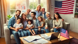 A diverse family of different ages and ethnicities sitting together in a cozy living room, smiling and interacting warmly. A large window behind them lets in bright natural light. On a coffee table in front of them, there are official-looking documents and open laptops. A U.S. flag is subtly visible in the background.